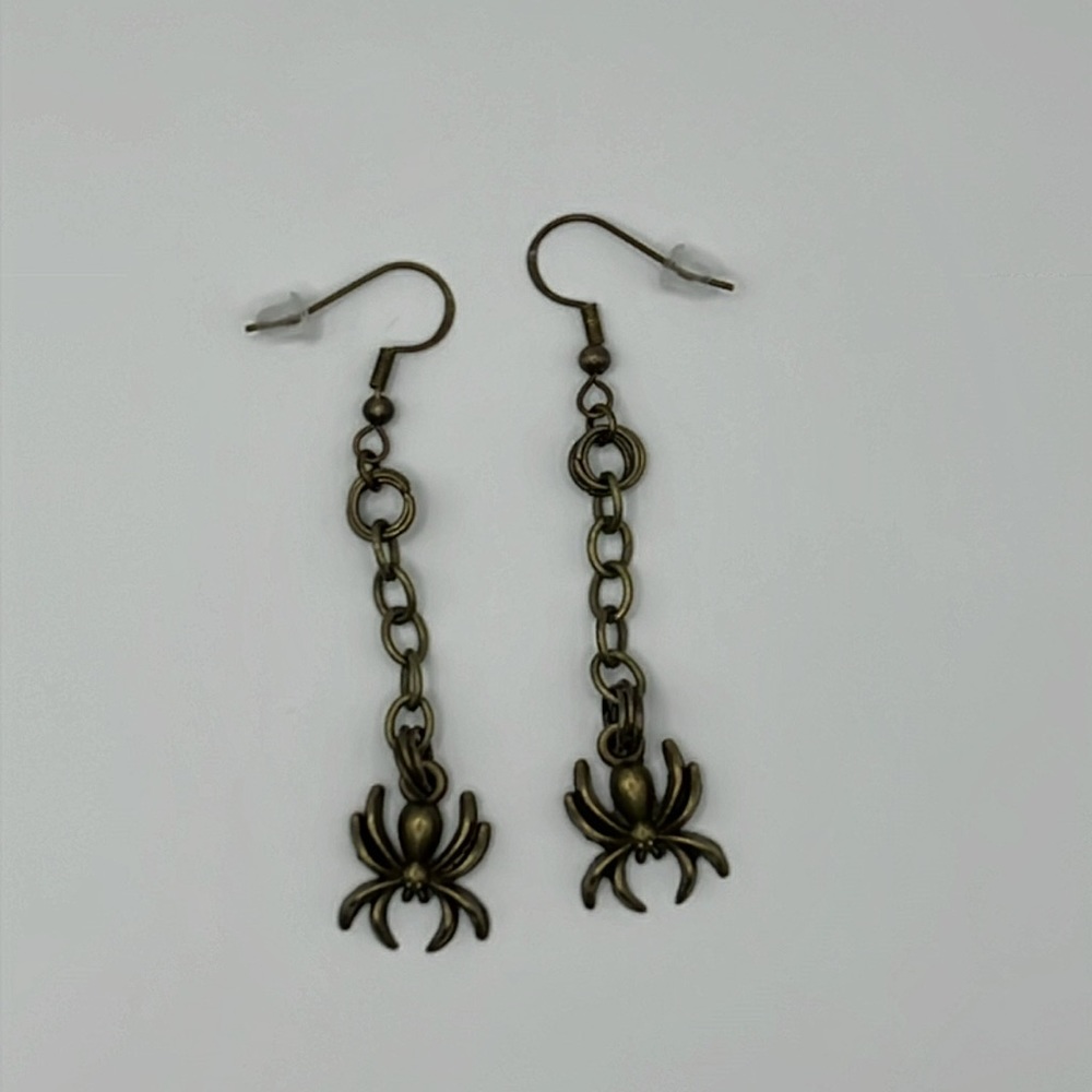 HAND CRAFTED Dainty Halloween Spider Bronze Tone French Hook Earrings